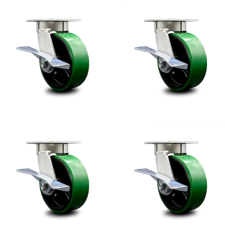 Service Caster 6 Inch Kingpinless Green Poly on Steel Wheel Swivel Caster Set with Brakes SCC SCC-KP30S620-PUR-GB-SLB-4